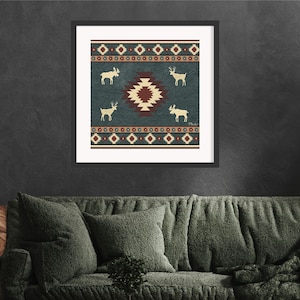 Green and Red Aztec Design Western Aesthetic Wall Art Print, Contemporary Abstract Art Home Decor Wall Hanging