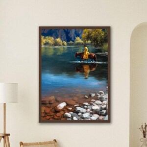 Horse and Cowboy River Crossing Western Painting Print, Country Scenic Landscape Art Print, Nature Wall Art Western Country Home Wall Decor