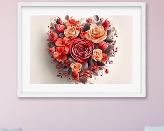 Lámina artística de ramo de rosas con forma de corazón: decoración para el hogar en San Valentín