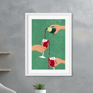 Pour the Wine Cheers Illustration Modern Art Print, Bar Cart Party Wall Decor Print or Wood Framed