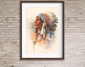 Retrato de jefe nativo americano con túnica de lobo, impresión artística vintage para pared