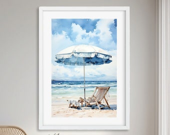 Beach Chair Art Print: Blue Coastal Summer Wall Decor