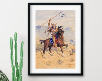 Native American Warrior on Horseback Art Print: Vintage Western Decor