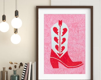 Impresión artística de pared occidental grande con botas de vaquero y corazones en rosa y rojo o marco de madera