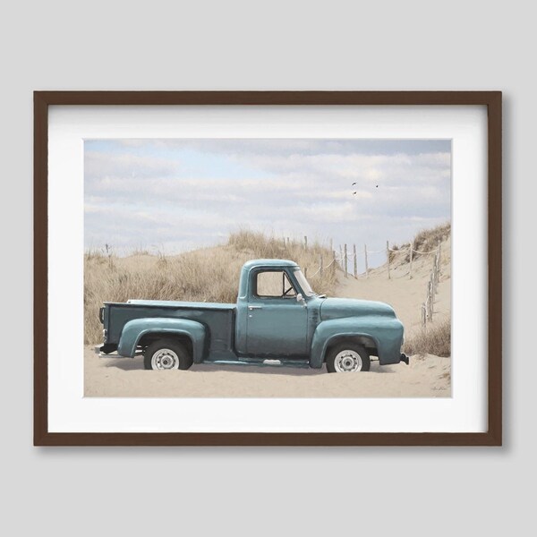 Classic Truck on the Beach Coastal Photography Print, Ocean Life Natural Color Wall Art Print