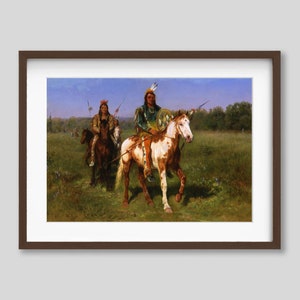 American Indians on Horseback Country Landscape Vintage Painting Print, Old West Style Home Decor Wall Art Print or Wood Framed