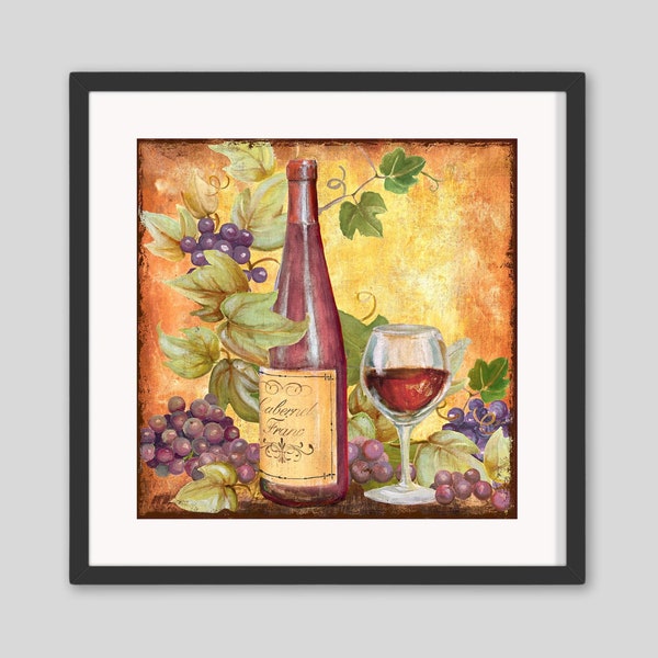 Red Wine Bottle and Grapes Still Life Restaurant or Kitchen Wall Art Print, Vintage Look Art Print Kitchen Decor