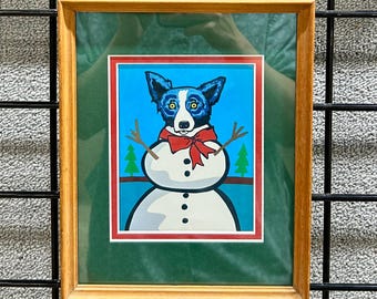 Arte enmarcado de muñeco de nieve con perro azul: decoración navideña de invierno
