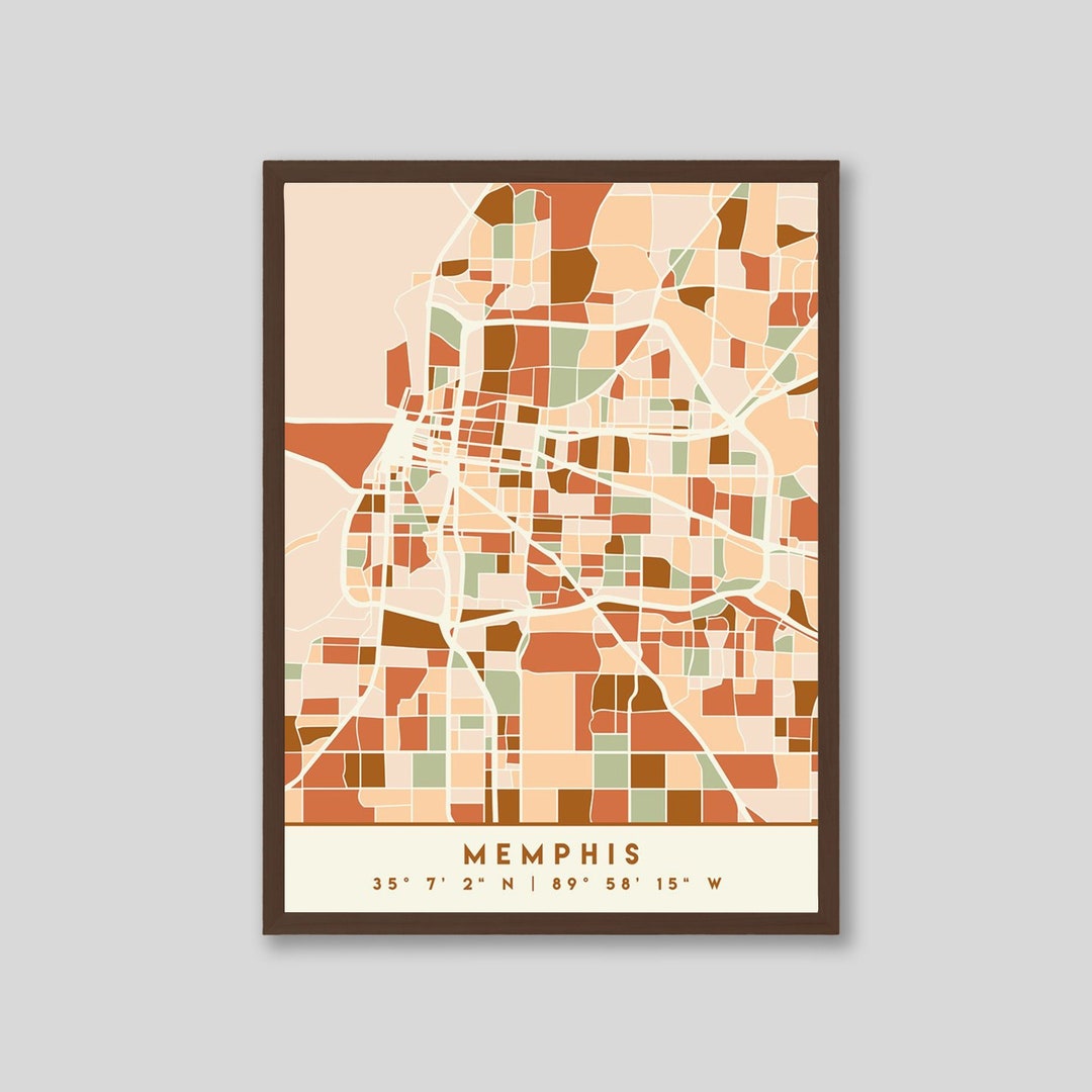Memphis City Map With Coodinates Wall Print, Earth Tones City Map Wall ...