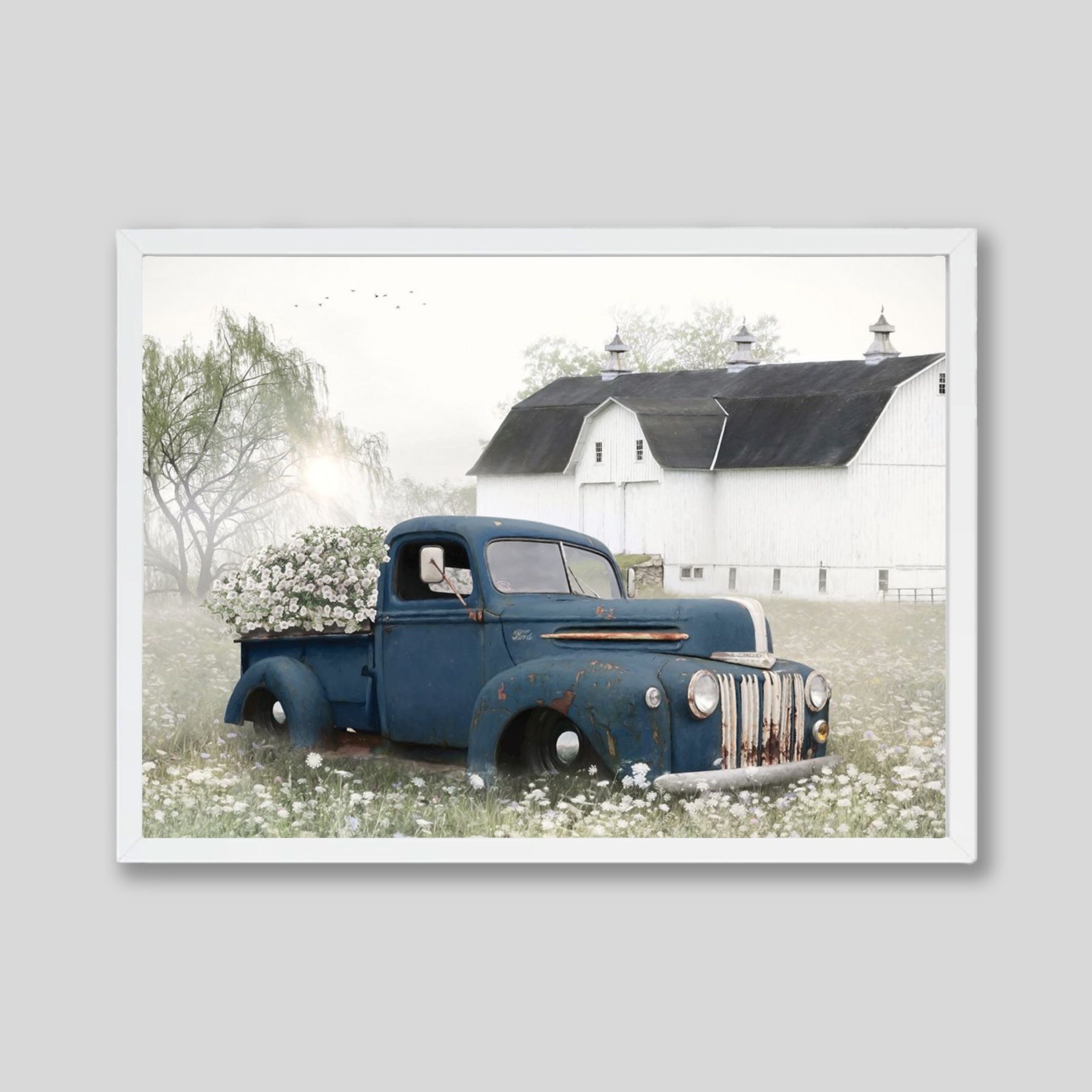 Rustic Country Blue Flower Truck Black and White Farm House Art Print ...