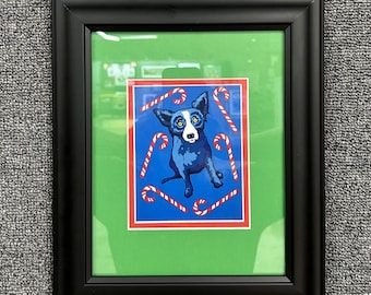 Bastones de caramelo de perro azul [Arte navideño enmarcado] (4,25 x 5,25) [Rojo y verde]