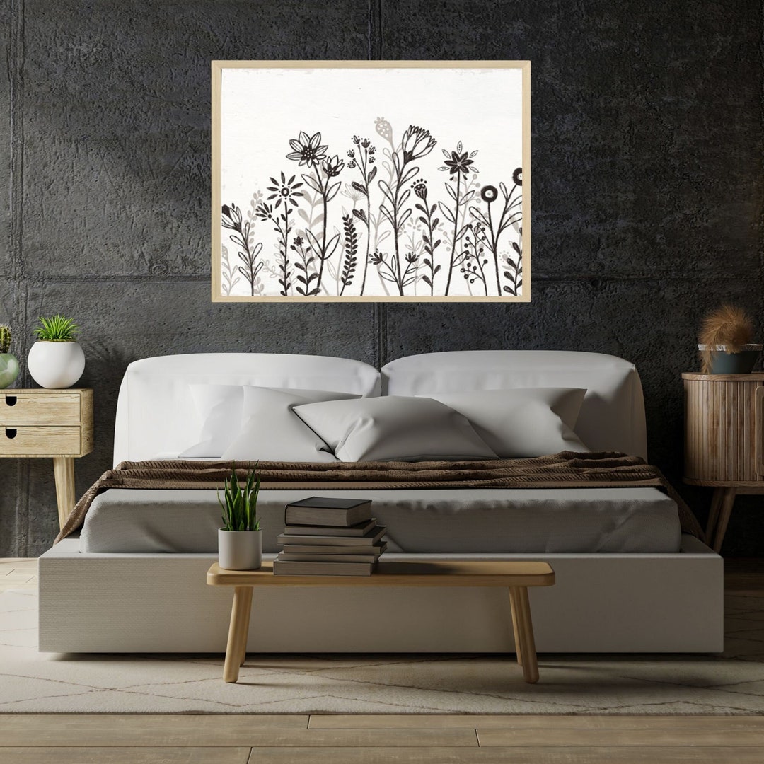 Black and White Flowers Wall Decor, Black Flower Wall Art Print, Framed