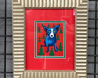 Perro azul con árboles de Navidad [Arte navideño con marco plateado] (4,25 x 5,25)