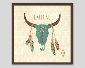 Explore, Rustic Tribal Design Cow Skull and Feathers, Southwestern Art Print Boho Desert Decor