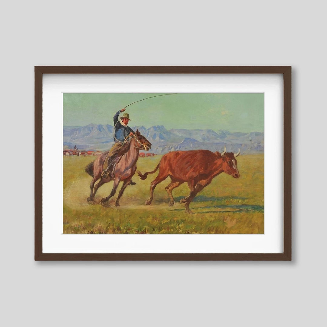 Cowboy Roping Bull Vintage Print: Rustic Western Wall Art by Richard ...