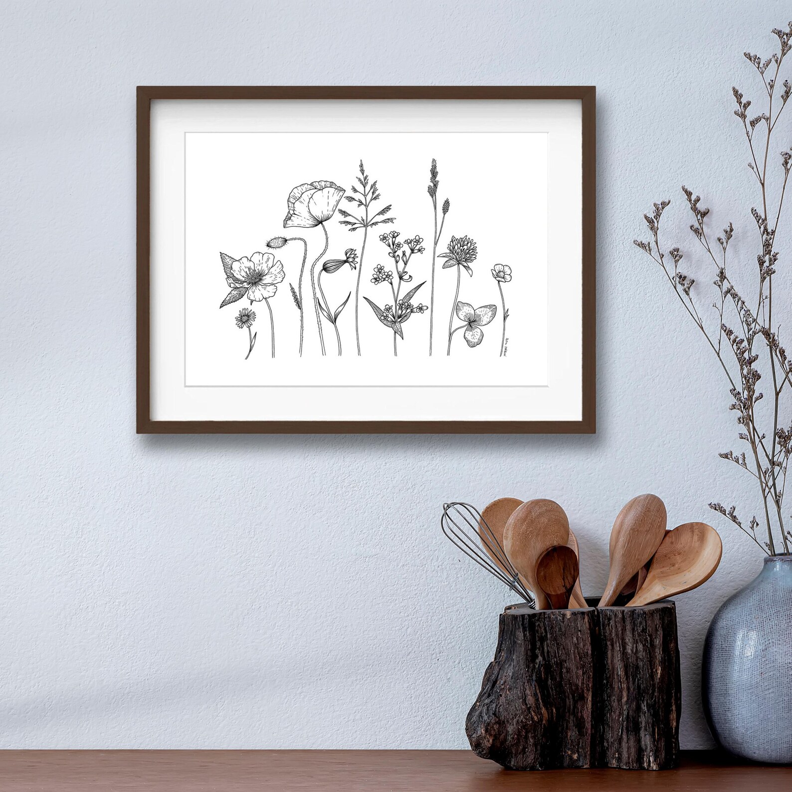 Minimalist Wildflower Line Art Print: Black and White Botanical Decor ...
