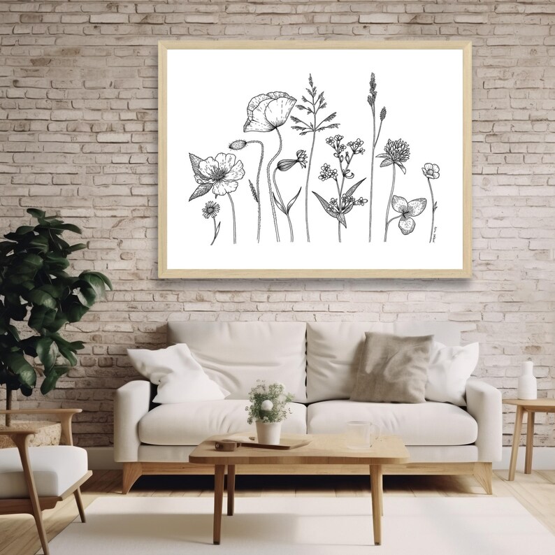 Minimalist Wildflower Line Art Print: Black and White Botanical Decor ...