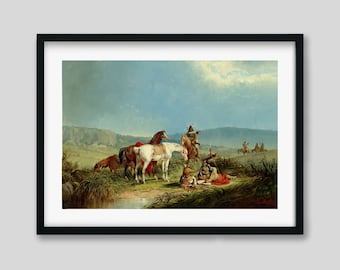Native Americans and Horses Art Print: Rustic Western Home Decor