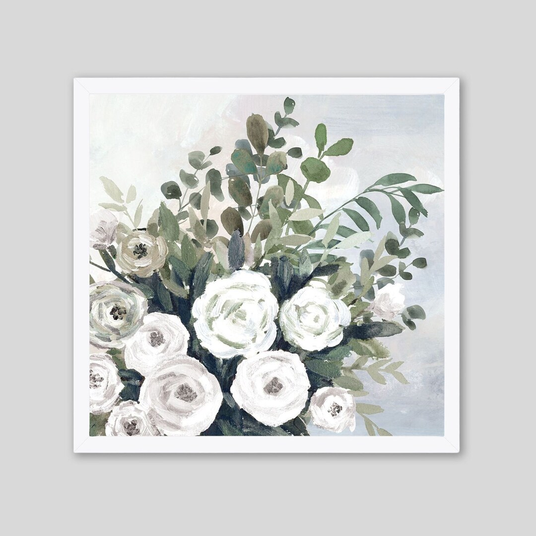 White Rose Bouquet Country Style Oil Painting Print, Flower Bunch Wall ...