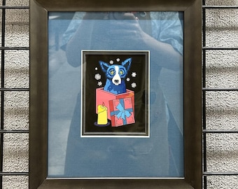 Sorpresa de Medianoche con Perro Azul [Arte Navideño Enmarcado] (4,25 x 5,5) [Regalo de Natividad con Vela]