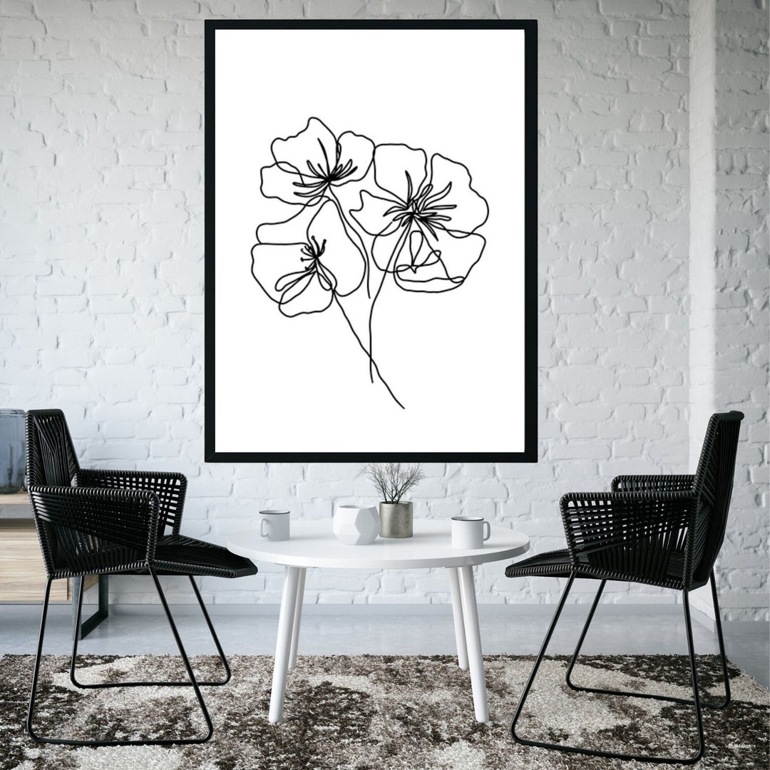 Black and White Flower Art Print, Black Flower Line Drawing Wall Art