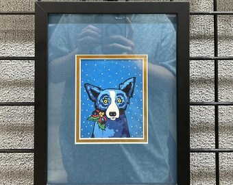 Cascabeles de perro azules [Arte navideño enmarcado] (4 x 5) [Copos de nieve con cinta de acebo azul y dorado invernal]