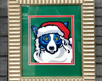 Retrato de Papá Noel con perro azul [Arte navideño con marco plateado] (6,5 x 6)