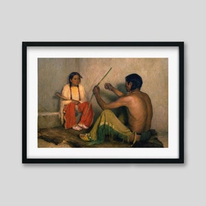Painting of Native Americans Fixing a Bow, Vintage Artwork Print or Custom Framed Wall Art