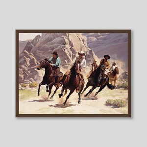 Cowboy and Horses Action Western Scene Wall Art, Wild West Painting for Home Decor