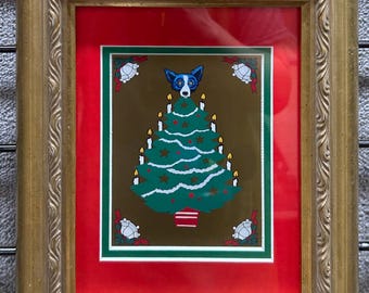 Perro Azul, la figura para la punta del árbol [Arte navideño con marco plateado y dorado] (6,25 x 8,25)
