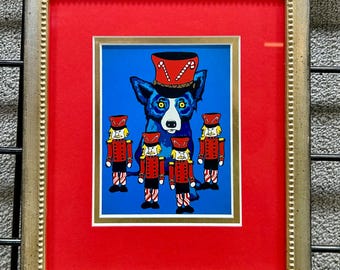 Perro Azul y El Cascanueces [Obra de arte navideña con marco en plata y oro] (7,5 x 9,5)