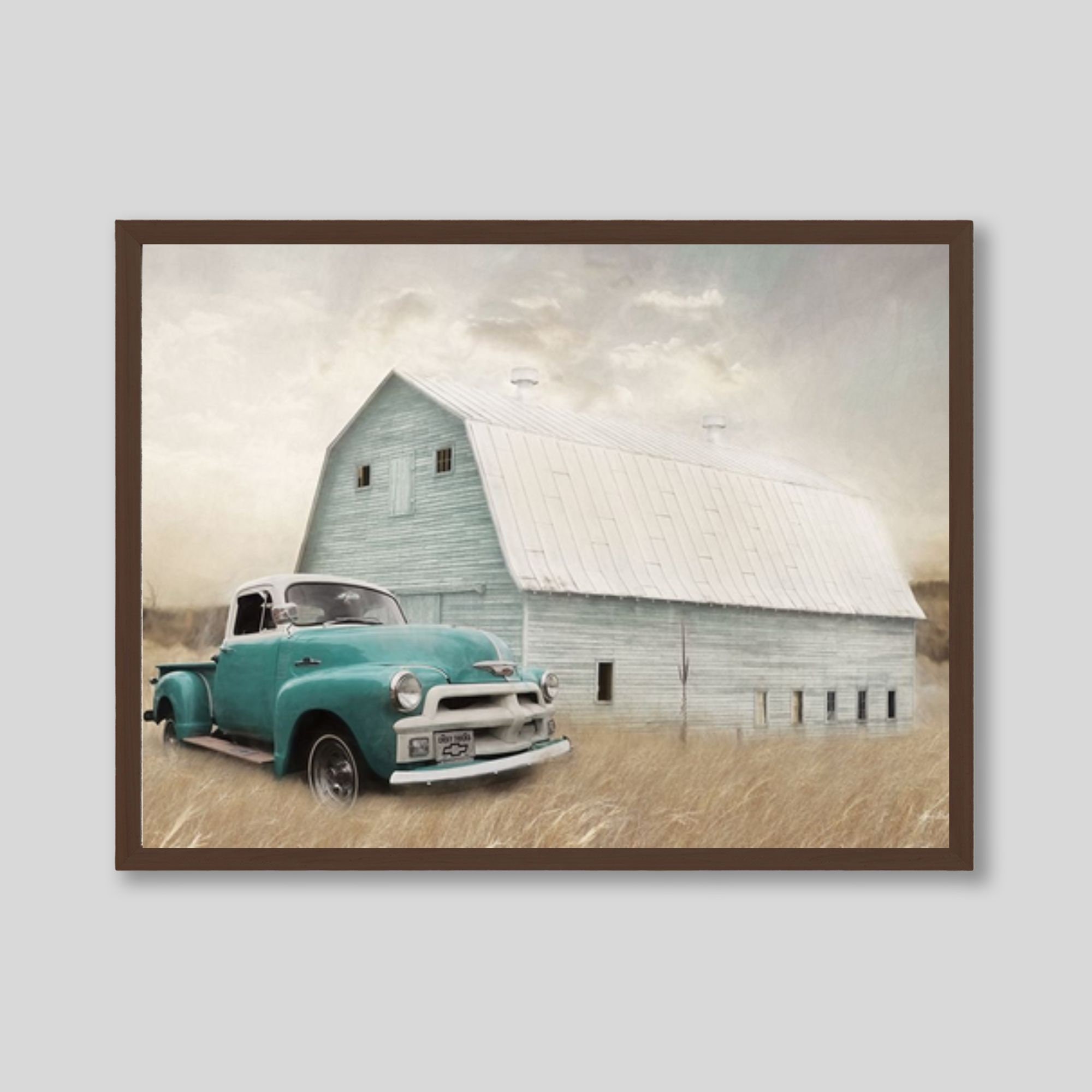 Country Barn Art Print, Vintage Truck Wall Decor, Farmhouse Art, Teal
