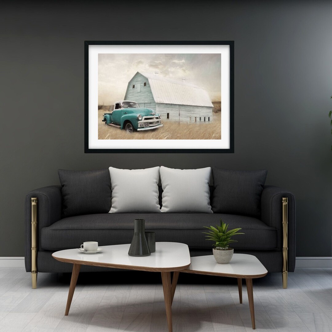 Country Barn Art Print, Vintage Truck Wall Decor, Farmhouse Art, Teal