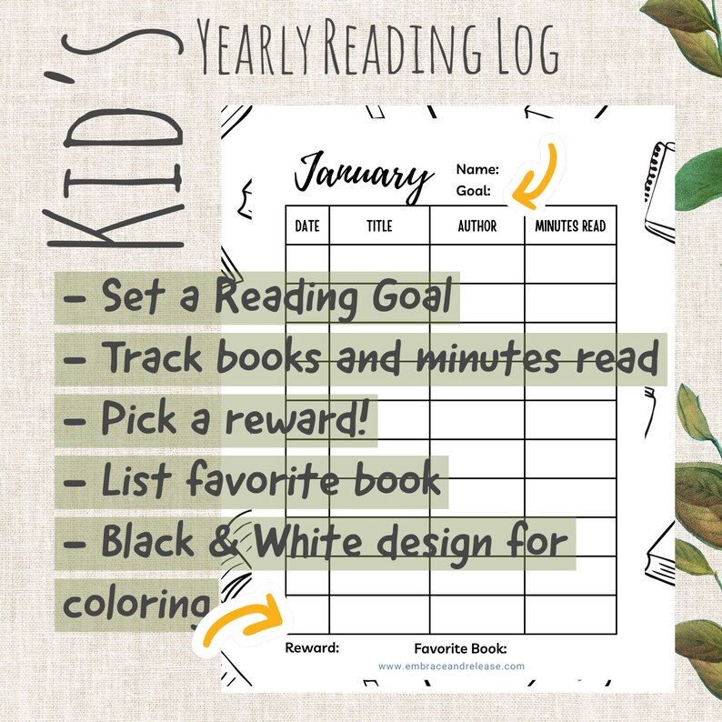 Kid's 12 Month Reading Log | Digital Download - Etsy