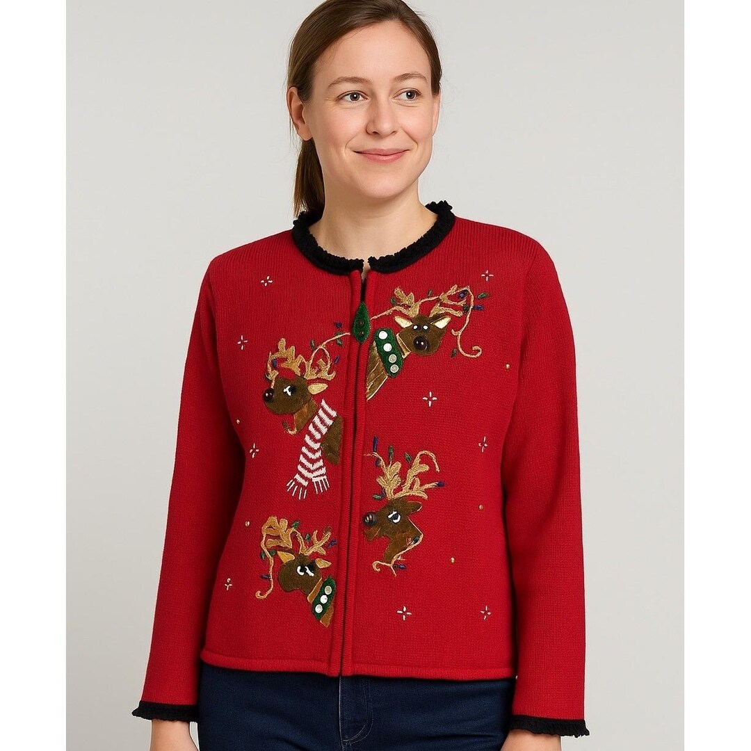 Vtg Tiara Intl Red Christmas Cardigan Sweater L Reindeer Lights ...