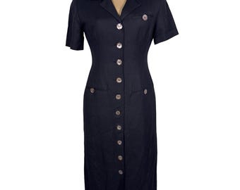 Vintage 90s Jessica Howard Linen Rayon Button Front Midi Dress Black Size 4P