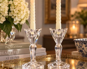 Candelabros vintage de cristal Flora de Marquis by Waterford, par de 15 cm, firmados.