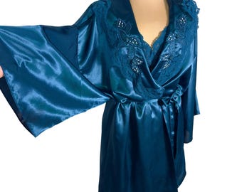 Vtg 80s Val Mode Lingerie Set Large Robe Chemise Teal Satin Lace Old Hollywood