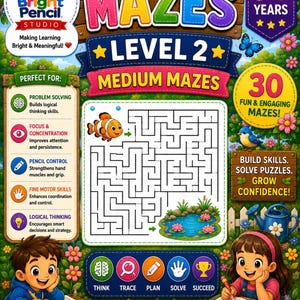 May include: A Bright Pencil Studio activity book cover titled MAZES LEVEL 2 MEDIUM MAZES for ages 6-7 years. The cover features a central maze puzzle with a clownfish, a pond with water lilies, and illustrations of children writing in books.
