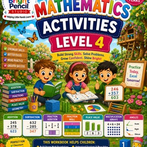 May include: A Bright Pencil Studio Mathematics Activities Level 4 workbook cover featuring three children studying math in a garden. The cover displays educational topics like addition, subtraction, fractions, and geometry with colorful illustrations.