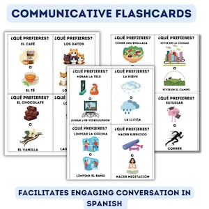 May include: A set of colourful flashcards with Spanish text and illustrations. The text asks "¿Qué prefieres?" which means "What do you prefer?" and then lists various options, such as coffee, cats, salad, city life, tea, chocolate, vanilla, watching TV, snow, living in the countryside, studying, playing video games, cleaning the kitchen, rain, exercising, cleaning the bathroom, meditating, and running.