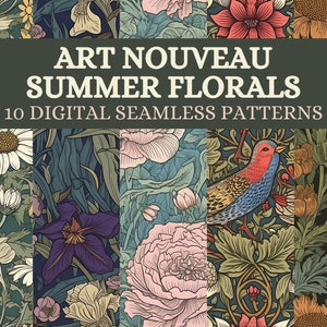 Fiori estivi in stile Art Nouveau - 10 modelli digitali senza soluzione di continuità - Fiori Stampe su carta floreale digitale da scaricare con motivo floreale ripetuto