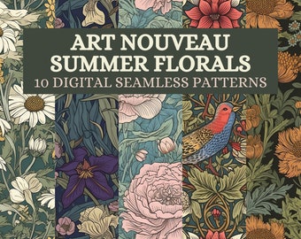 Könnte beinhalten: Ein Set mit 10 digitalen nahtlosen Mustern im Art-Nouveau-Stil mit sommerlichen Blumen. Die Muster umfassen eine Vielzahl von Blumen, Blättern und Vögeln in einer lebendigen Farbpalette.