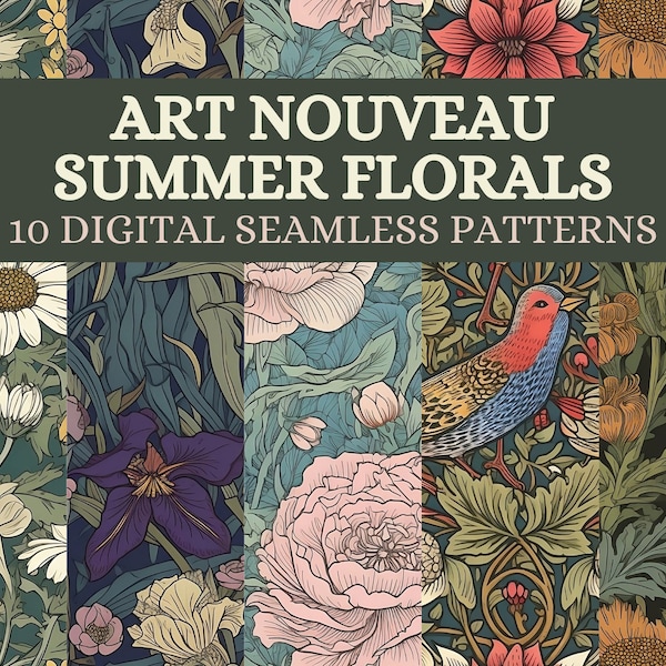 Art Nouveau Summer Florals - 10 Digital Seamless Patterns - Flowers Digital Floral Paper Prints to Download with Repeating Floral Pattern