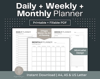 Druckbares Planer-Bundle, täglich, wöchentlich monatlich, ausfüllbares PDF