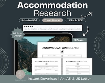 Printable Travel Planner, Accommodation Research (PDF)