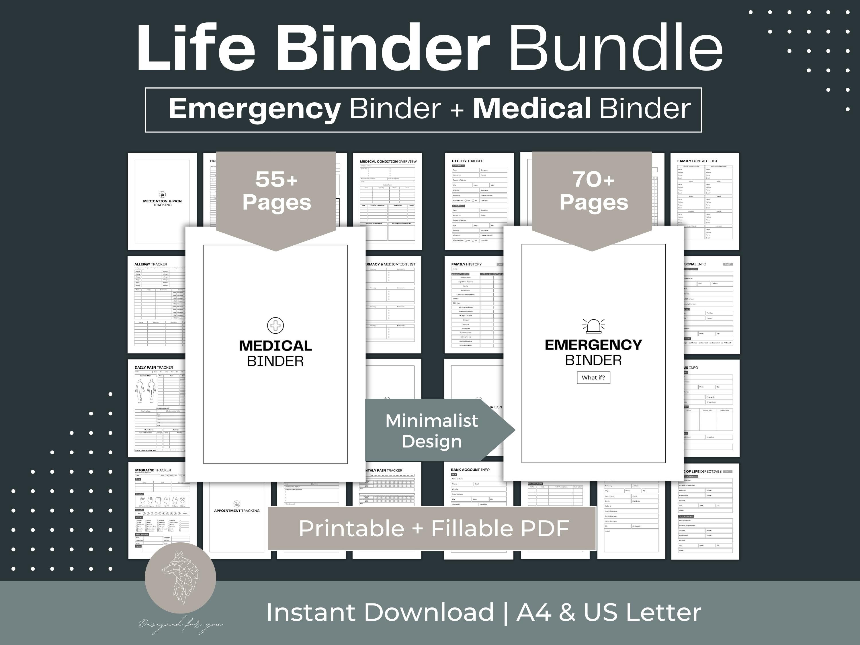 Life Binder Bundle Emergency Binder Printable Medical Binder Fillable PDF Household Organization Digital In Case of Emergency Binder