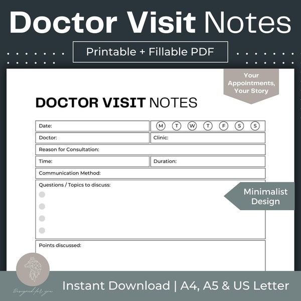 Notes de visite chez le médecin Journal de rendez-vous chez le médecin imprimable PDF à remplir pour votre classeur médical Journal de bord des visites chez le médecin Suivi des visites chez le médecin