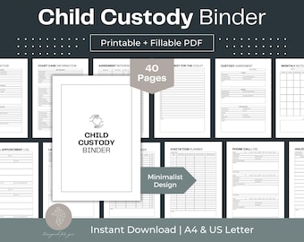 May include: A black and white printable child custody binder with 40 pages. The binder includes forms for medical appointments, visitation schedules, phone call logs, and more. The text "Child Custody Binder" is in a heart-shaped logo.