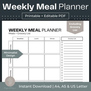 Weekly Meal Planner Printable Meal Planner Fillable PDF Grocery List Printable Meal Planner and Shopping List Meal Plan Printable